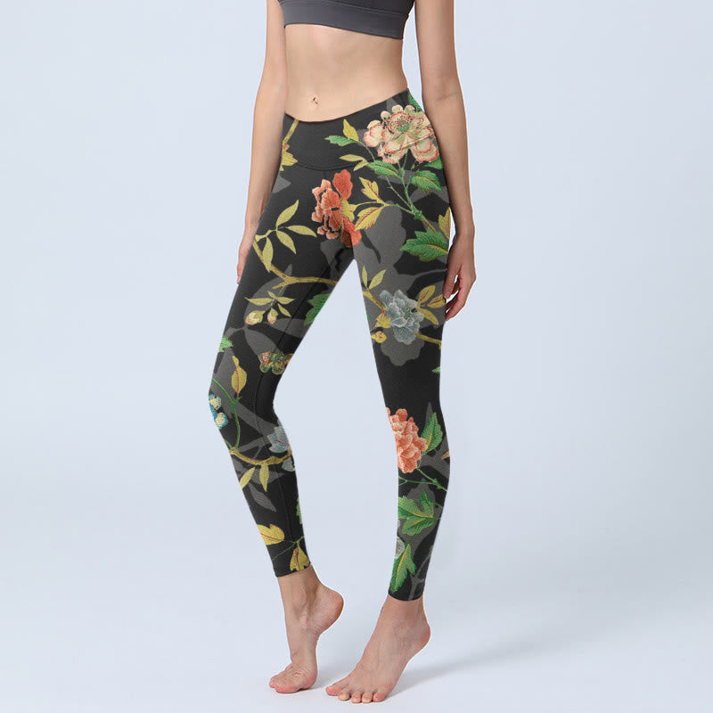 Buddha Stones da palestra con stampa di fiori, foglie, farfalle e uccelli, classici, da donna, pantaloni da yoga - Nero - US18, UK/AU22, EU50 (4XL) - image 0