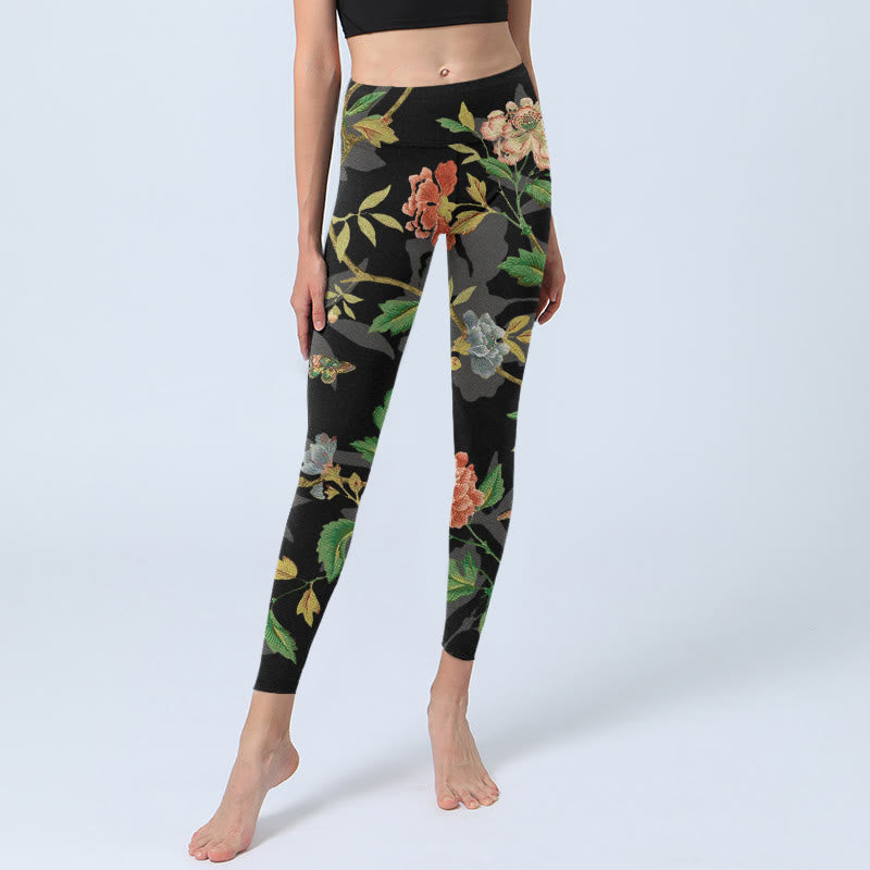 Buddha Stones da palestra con stampa di fiori, foglie, farfalle e uccelli, classici, da donna, pantaloni da yoga - image 5