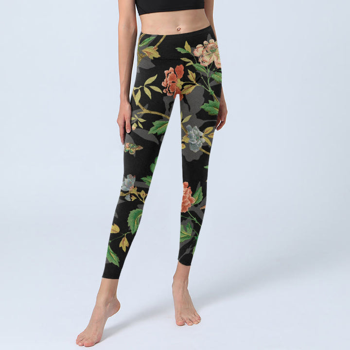 Buddha Stones da palestra con stampa di fiori, foglie, farfalle e uccelli, classici, da donna, pantaloni da yoga - image 5