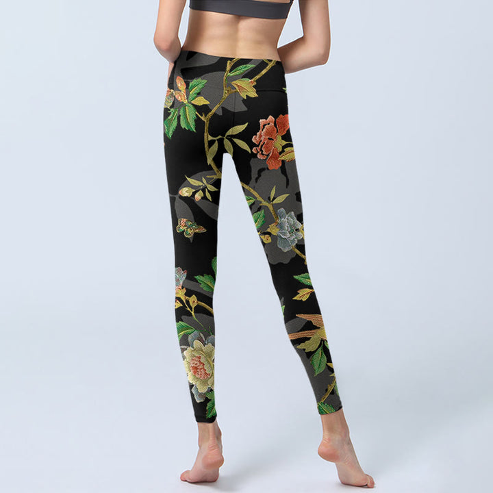 Buddha Stones da palestra con stampa di fiori, foglie, farfalle e uccelli, classici, da donna, pantaloni da yoga - image 6