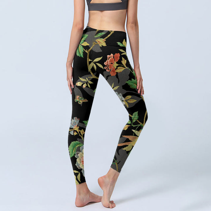 Buddha Stones da palestra con stampa di fiori, foglie, farfalle e uccelli, classici, da donna, pantaloni da yoga - image 4