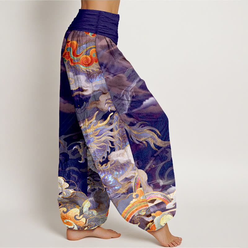 Pantaloni harem da donna con elastico in vita, in puro cotone, con motivo a drago, nuvola e arcobaleno, motivo Buddha Stones - image 7
