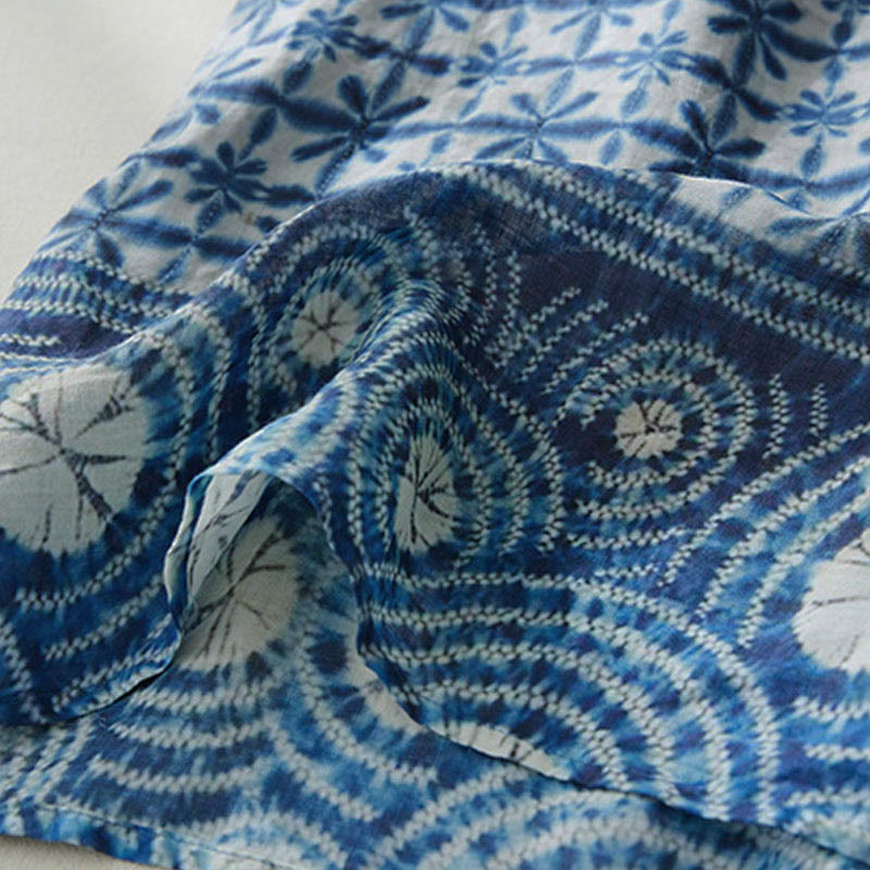 Abito midi dritto a maniche corte con maniche corte e tasche, con stampa floreale a righe blu e motivo Buddha Stones. - image 6