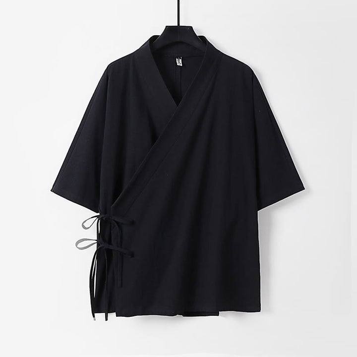 Kimono da uomo in cotone e lino con maniche a tre quarti, motivo Buddha Stones, con lacci semplici - Nero - US/UK/AU54, EU64 (9XL) - image 9