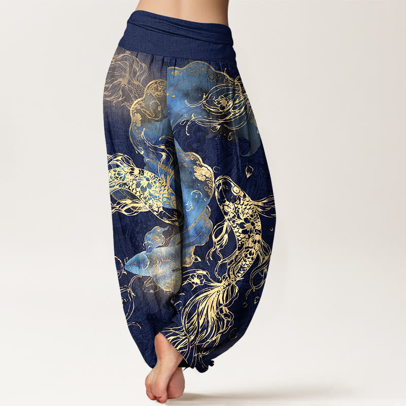 Pantaloni harem da donna con elastico in vita e motivo a pesci koi vivaci in puro cotone Buddha Stones - image 1