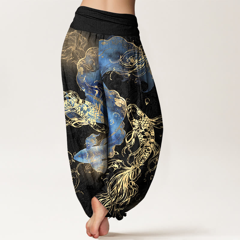 Pantaloni harem da donna con elastico in vita e motivo a pesci koi vivaci in puro cotone Buddha Stones - image 6