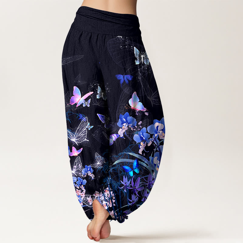 Pantaloni harem da donna con elastico in vita, in puro cotone, con motivo a farfalla, fiore, erba e bambù, effetto sogno Buddha Stones - image 1