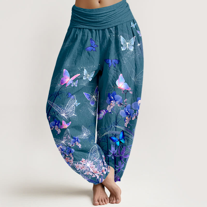 Pantaloni harem da donna con elastico in vita, in puro cotone, con motivo a farfalla, fiore, erba e bambù, effetto sogno Buddha Stones - Verde acqua - US16, UK/AU20, EU48 (3XL) - image 5