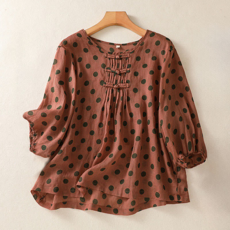 Camicia da donna in poliestere con maniche lunghe e scollo rotondo a pois, motivo Buddha Stones Fall  - FireBrick - US12, UK/AU16, EU44 (2XL) - image 0