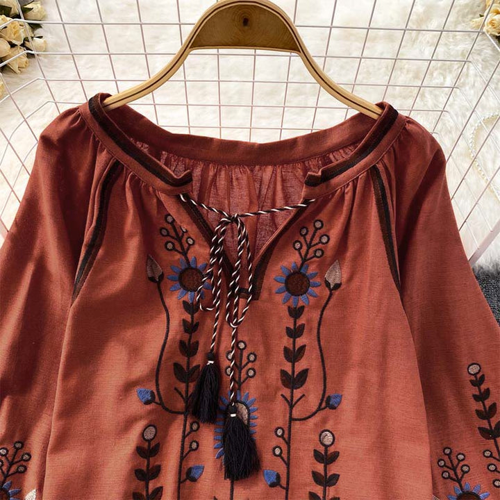 Maglietta casual da donna in cotone e lino con scollo rotondo e motivo a fiori e foglie con ricamo Buddha Stones  - image 18