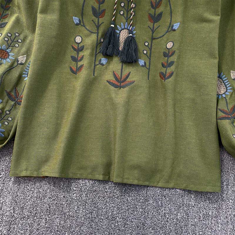 Maglietta casual da donna in cotone e lino con scollo rotondo e motivo a fiori e foglie con ricamo Buddha Stones  - image 7