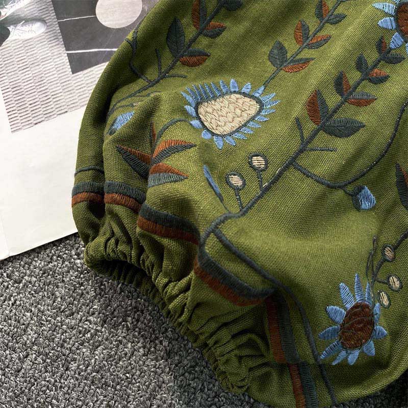 Maglietta casual da donna in cotone e lino con scollo rotondo e motivo a fiori e foglie con ricamo Buddha Stones  - image 6