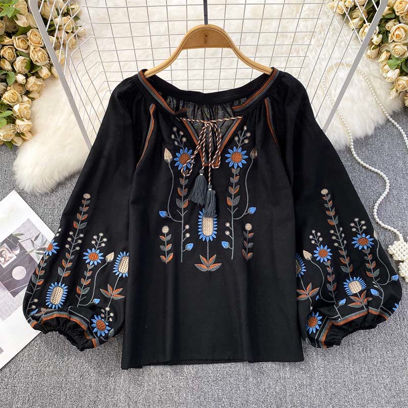 Maglietta casual da donna in cotone e lino con scollo rotondo e motivo a fiori e foglie con ricamo Buddha Stones  - Nero - US4, UK/AU8, EU36-38 (F) - image 15