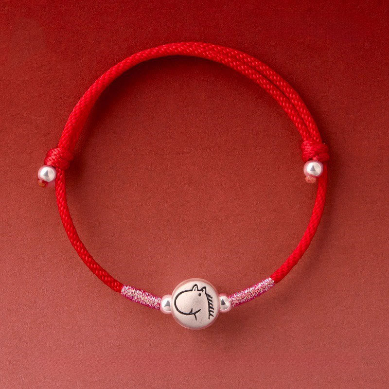 Bracciale portafortuna in corda rossa in argento sterling 999 Buddha Stones, anno del cavallo - Cordino rosso a forma di cavallo (circonferenza del polso: 14-18 cm) - image 2