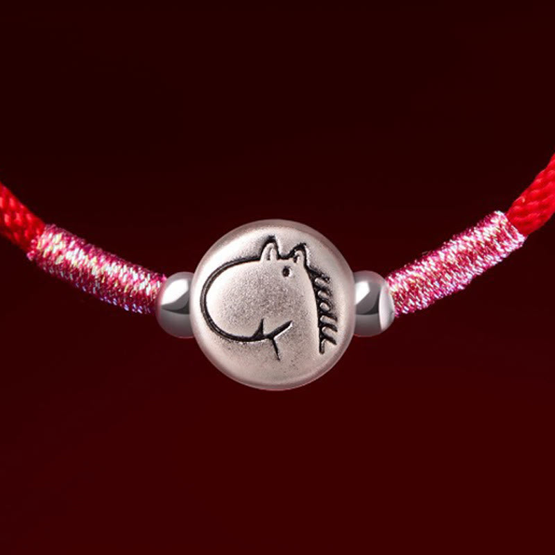 Bracciale portafortuna in corda rossa in argento sterling 999 Buddha Stones, anno del cavallo - image 14