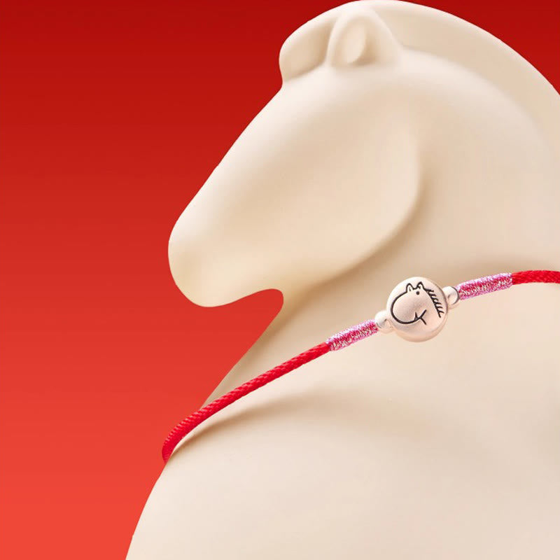 Bracciale portafortuna in corda rossa in argento sterling 999 Buddha Stones, anno del cavallo - image 11