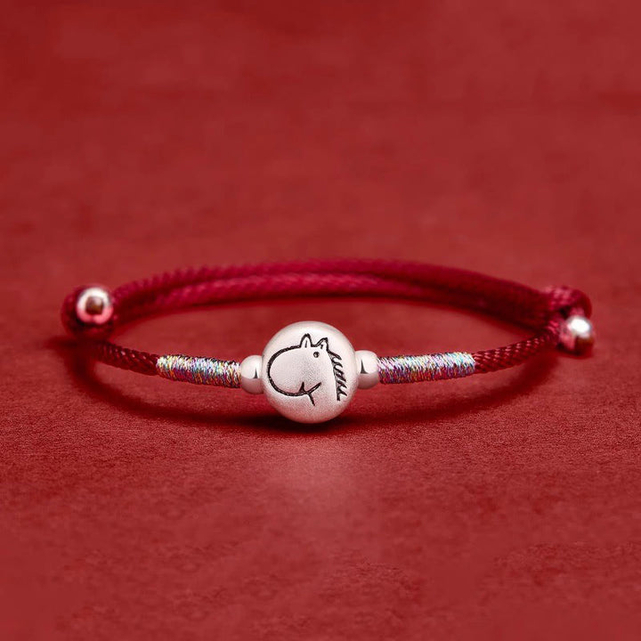 Bracciale portafortuna in corda rossa in argento sterling 999 Buddha Stones, anno del cavallo - Cordino rosso scuro per cavalli (circonferenza polso: 14-18 cm) - image 0