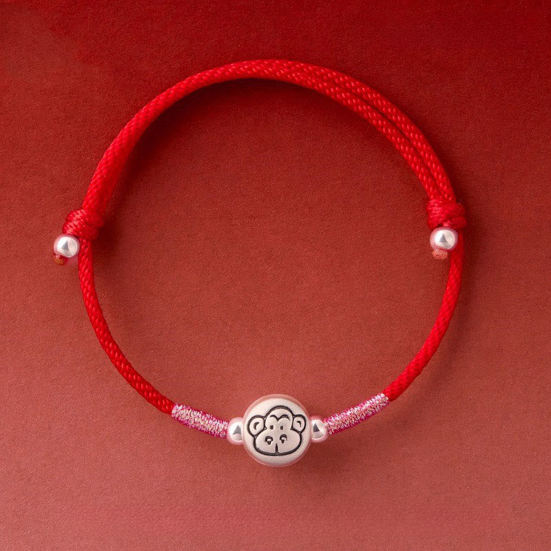 Bracciale portafortuna in corda rossa in argento sterling 999 Buddha Stones, anno del cavallo - Stringa rossa scimmia (circonferenza polso: 14-18 cm) - image 31