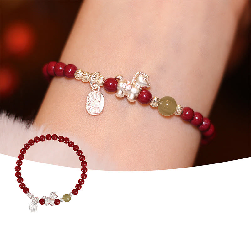 Braccialetto di concentrazione in argento sterling 999 con cordino rosso, giada Hetian, cinabro e Buddha Stones dell'anno del cavallo - image 2