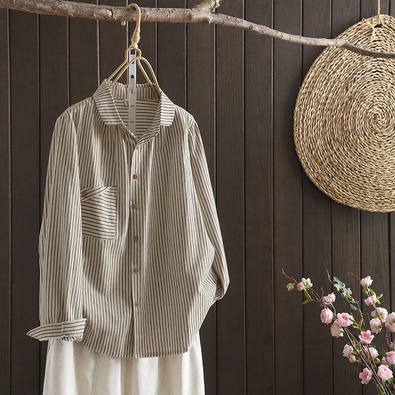 Camicia da donna a maniche lunghe con colletto rialzato, bottoni e tasca, motivo a righe autunnali Buddha Stones - OldLace - US8-10, UK/AU12-14, EU40-42 (2XL) - image 1