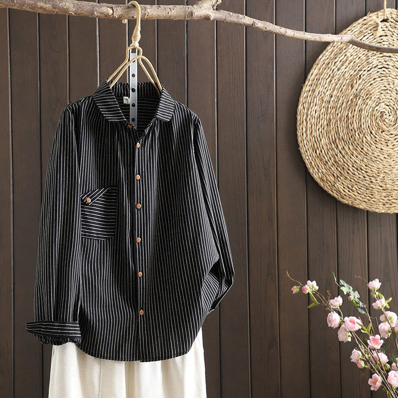 Camicia da donna a maniche lunghe con colletto rialzato, bottoni e tasca, motivo a righe autunnali Buddha Stones - Nero - US8-10, UK/AU12-14, EU40-42 (2XL) - image 13