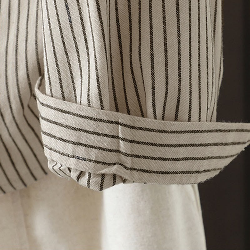 Camicia da donna a maniche lunghe con colletto rialzato, bottoni e tasca, motivo a righe autunnali Buddha Stones - image 9