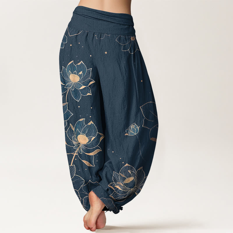 Pantaloni harem da donna con elastico in vita e motivo a loto in puro cotone Buddha Stones - image 9