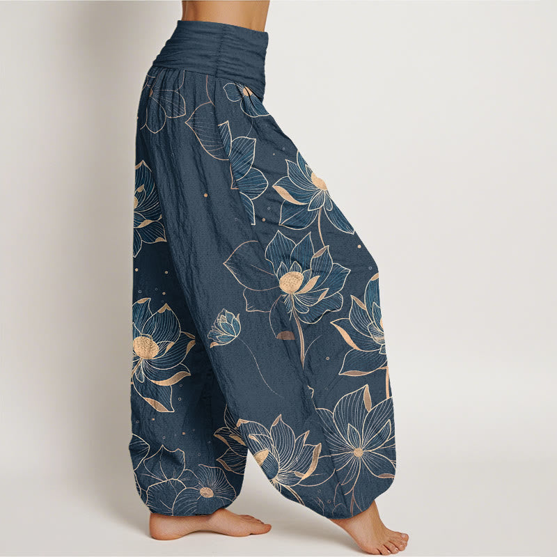 Pantaloni harem da donna con elastico in vita e motivo a loto in puro cotone Buddha Stones - image 10
