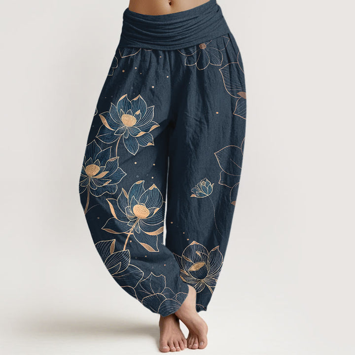 Pantaloni harem da donna con elastico in vita e motivo a loto in puro cotone Buddha Stones - SteelBlue - US16, UK/AU20, EU48 (3XL) - image 8