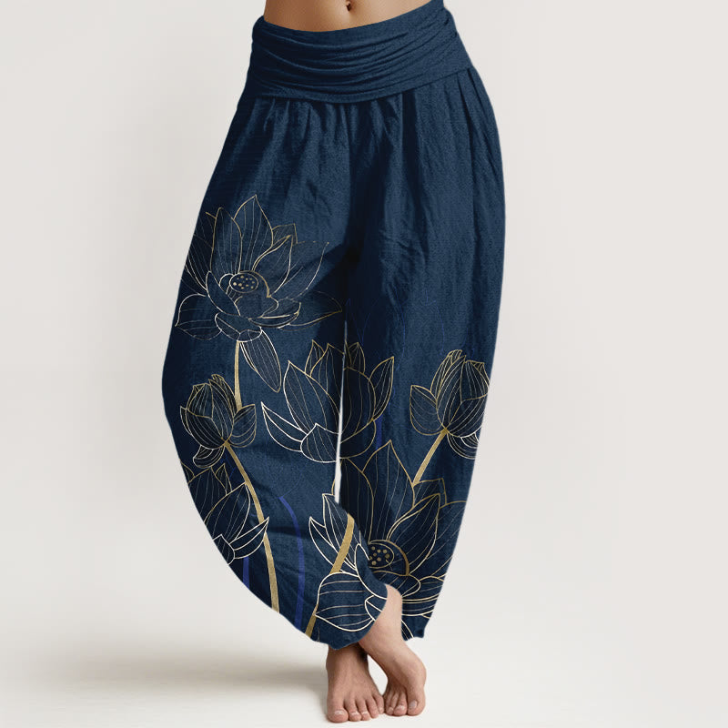 Pantaloni harem da donna con elastico in vita, in puro cotone, stile minimalista, motivo a baccello di fiore di loto , Buddha Stones - Marina - US16, UK/AU20, EU48 (3XL) - image 0