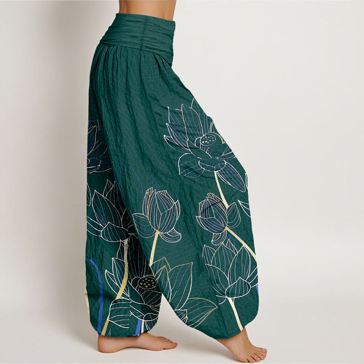 Pantaloni harem da donna con elastico in vita, in puro cotone, stile minimalista, motivo a baccello di fiore di loto , Buddha Stones - image 10