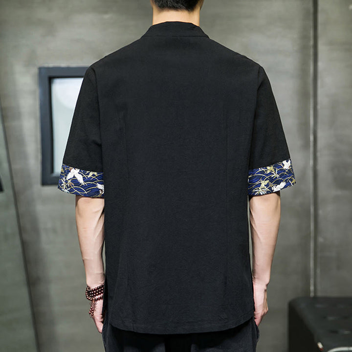Camicia da uomo in cotone bianco a maniche corte con colletto rialzato, bottoni a rana Buddha Stones - image 3