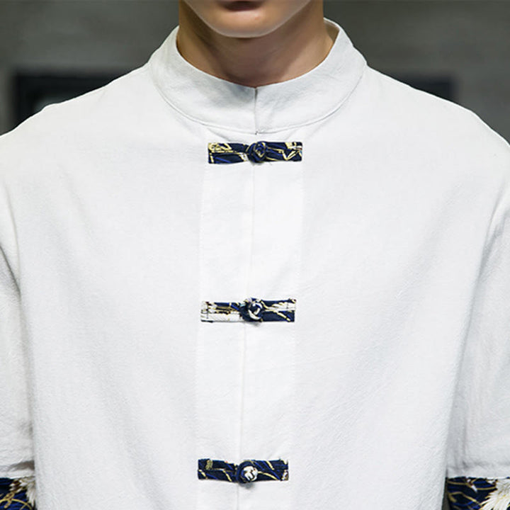 Camicia da uomo in cotone bianco a maniche corte con colletto rialzato, bottoni a rana Buddha Stones - image 16