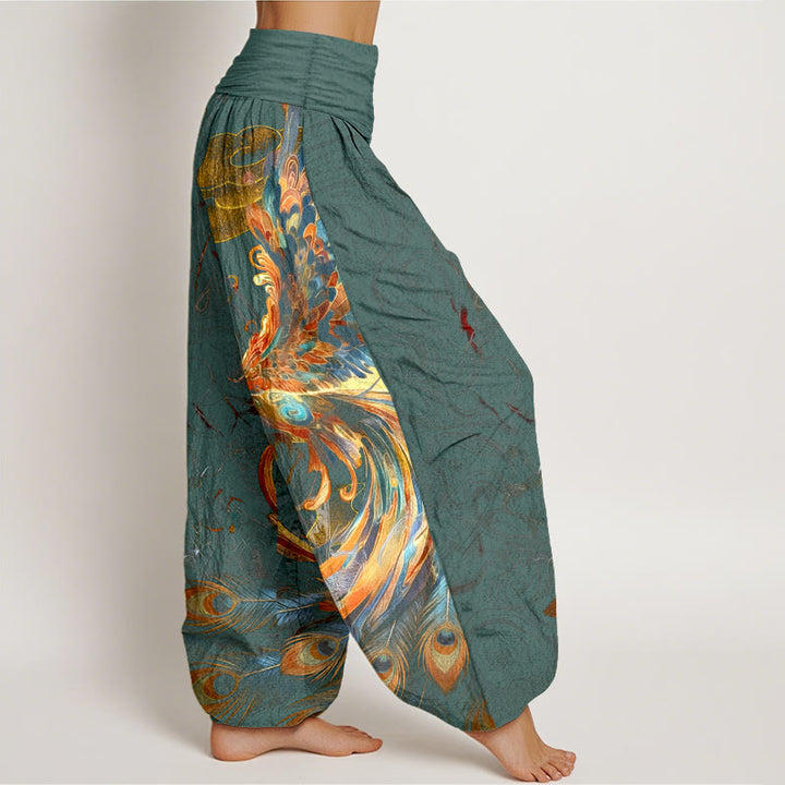 Pantaloni harem da donna con elastico in vita, in puro cotone, con motivo a fenice volante e nuvole, motivo Buddha Stones - image 7