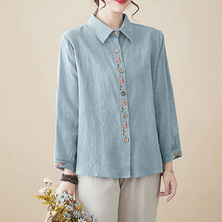 Camicia da donna in cotone con risvolto, a maniche lunghe, con motivo floreale ricamato, motivo Buddha Stones Spring - image 3