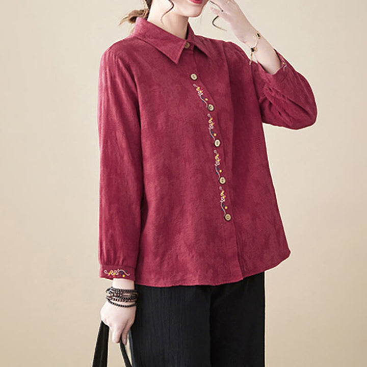 Camicia da donna in cotone con risvolto, a maniche lunghe, con motivo floreale ricamato, motivo Buddha Stones Spring - image 25