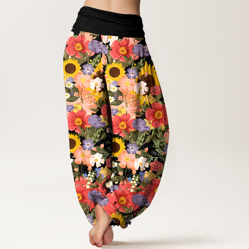 Pantaloni harem da donna con elastico in vita, motivo con piccoli fiori rossi e viola, in puro cotone, con motivo a girasoli colorati e margherite Buddha Stones - image 1