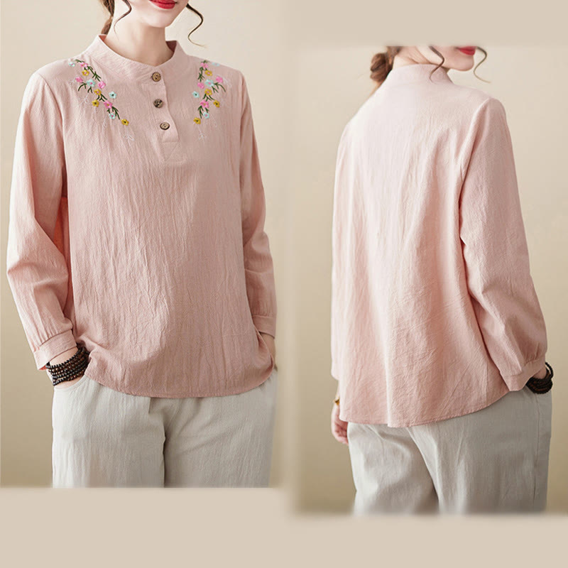 Camicia da donna in cotone a maniche lunghe con colletto rialzato e motivo floreale ricamato primaverile Buddha Stones - image 3