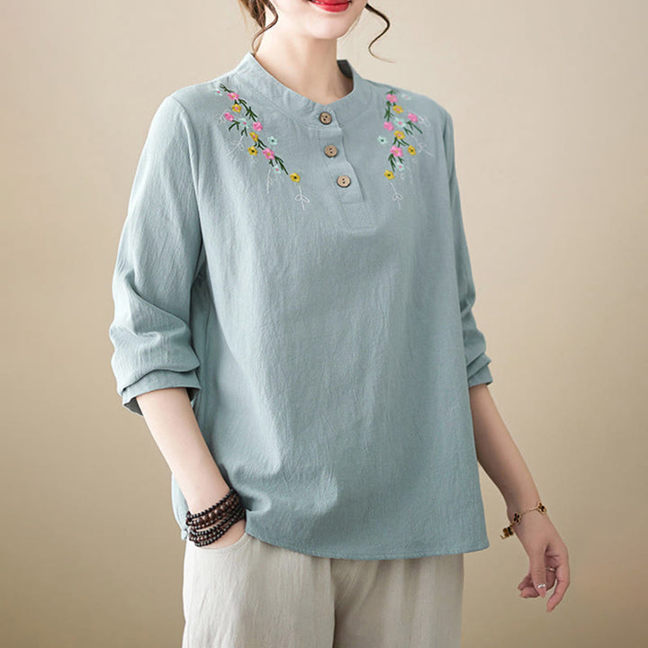 Camicia da donna in cotone a maniche lunghe con colletto rialzato e motivo floreale ricamato primaverile Buddha Stones - image 10