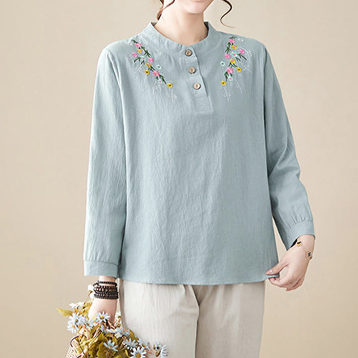 Camicia da donna in cotone a maniche lunghe con colletto rialzato e motivo floreale ricamato primaverile Buddha Stones - image 9