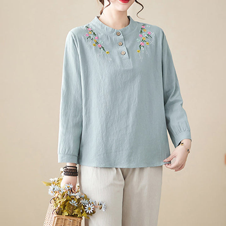 Camicia da donna in cotone a maniche lunghe con colletto rialzato e motivo floreale ricamato primaverile Buddha Stones - image 7