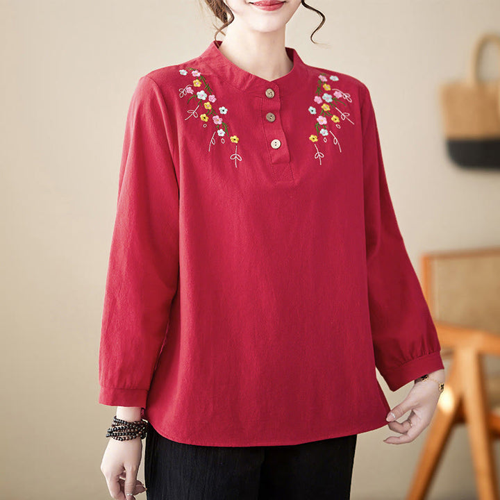 Camicia da donna in cotone a maniche lunghe con colletto rialzato e motivo floreale ricamato primaverile Buddha Stones - image 23