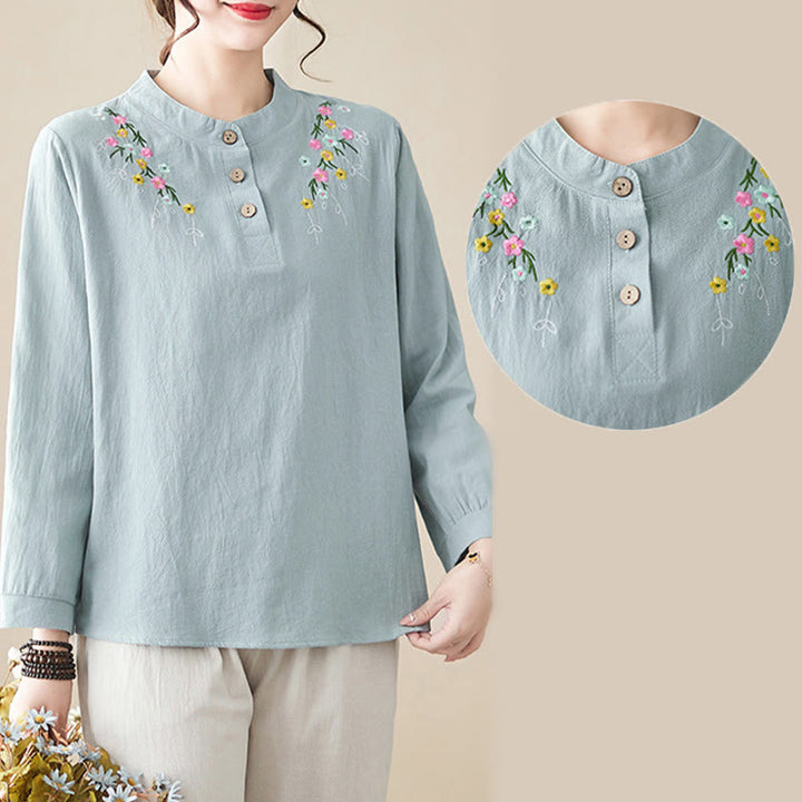 Camicia da donna in cotone a maniche lunghe con colletto rialzato e motivo floreale ricamato primaverile Buddha Stones - image 17