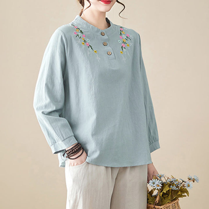 Camicia da donna in cotone a maniche lunghe con colletto rialzato e motivo floreale ricamato primaverile Buddha Stones - image 6