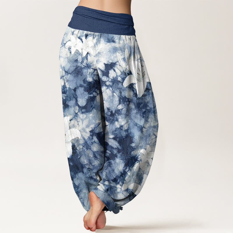 Pantaloni harem da donna con elastico in vita, in puro cotone, stile acquerello, motivo giglio , Buddha Stones - image 1