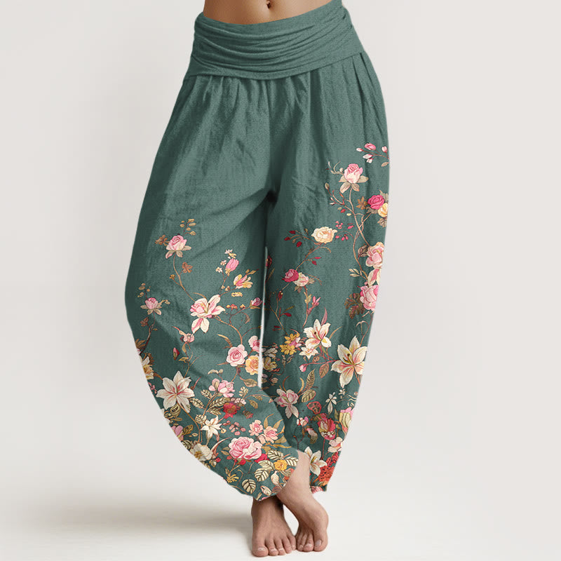 Pantaloni harem da donna con elastico in vita e motivo floreale colorato in puro cotone Buddha Stones - Verde mare medio - US16, UK/AU20, EU48 (3XL) - image 8