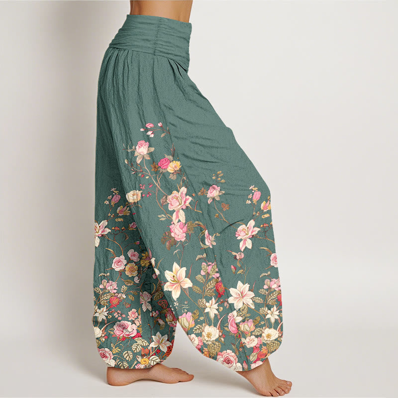 Pantaloni harem da donna con elastico in vita e motivo floreale colorato in puro cotone Buddha Stones - image 10