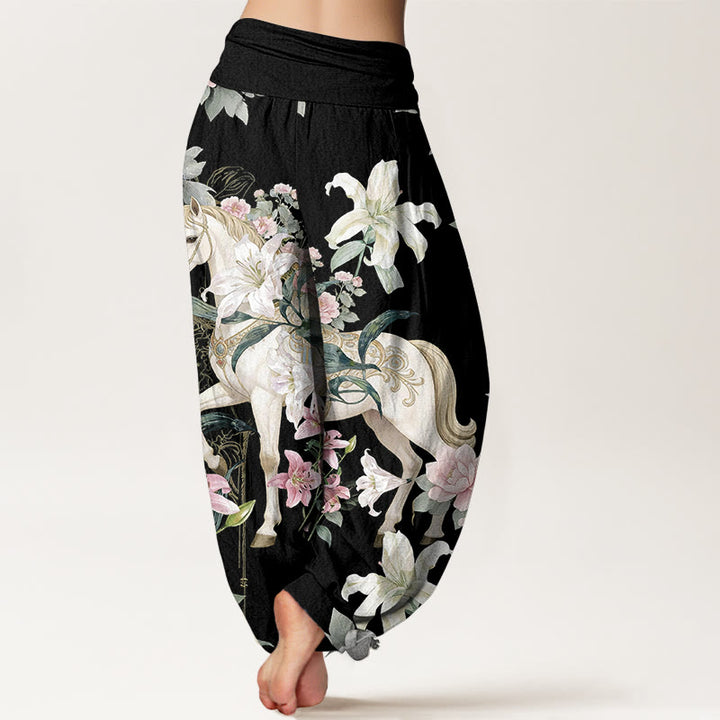 Pantaloni harem da donna con elastico in vita, modello romantico con cavallo, giglio e peonia, in puro cotone, motivo Buddha Stones - image 1