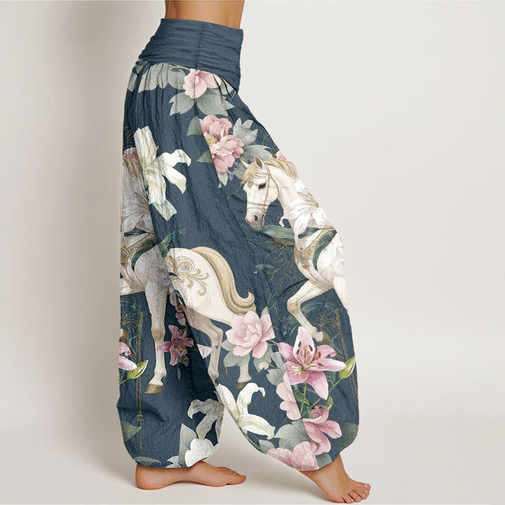 Pantaloni harem da donna con elastico in vita, modello romantico con cavallo, giglio e peonia, in puro cotone, motivo Buddha Stones - image 7