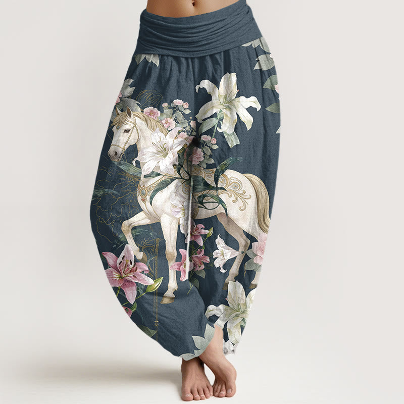Pantaloni harem da donna con elastico in vita, modello romantico con cavallo, giglio e peonia, in puro cotone, motivo Buddha Stones - Blu ardesia scuro - US16, UK/AU20, EU48 (3XL) - image 5